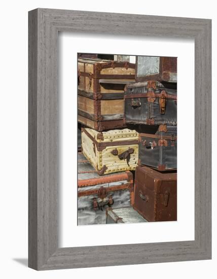 USA, Maine, Wells, antique luggage outside of old train station-Walter Bibikow-Framed Photographic Print