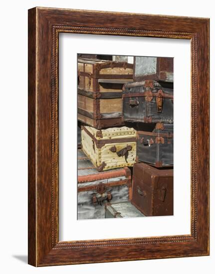 USA, Maine, Wells, antique luggage outside of old train station-Walter Bibikow-Framed Photographic Print