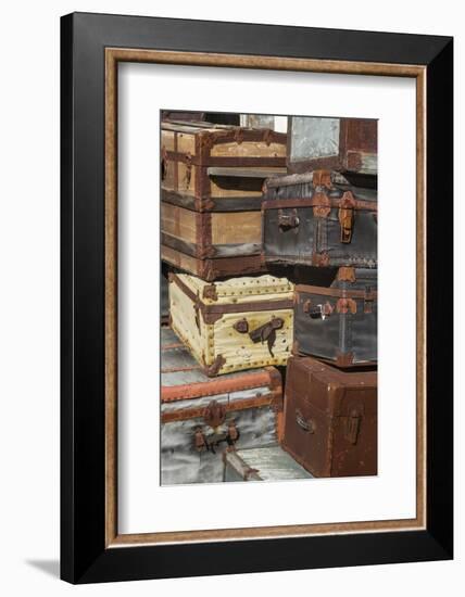 USA, Maine, Wells, antique luggage outside of old train station-Walter Bibikow-Framed Photographic Print