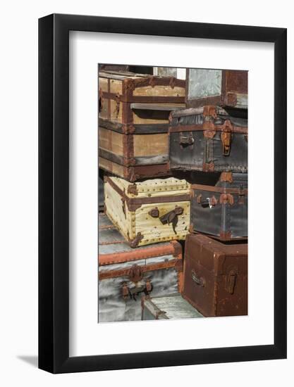 USA, Maine, Wells, antique luggage outside of old train station-Walter Bibikow-Framed Photographic Print