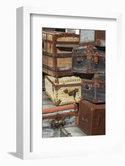 USA, Maine, Wells, antique luggage outside of old train station-Walter Bibikow-Framed Photographic Print