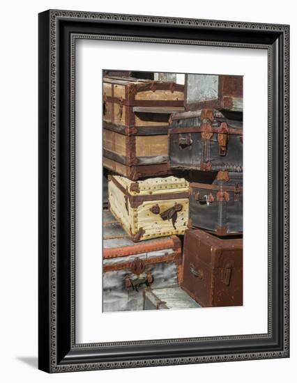 USA, Maine, Wells, antique luggage outside of old train station-Walter Bibikow-Framed Photographic Print