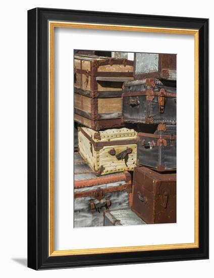 USA, Maine, Wells, antique luggage outside of old train station-Walter Bibikow-Framed Photographic Print