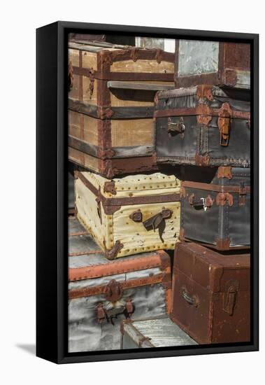 USA, Maine, Wells, antique luggage outside of old train station-Walter Bibikow-Framed Premier Image Canvas