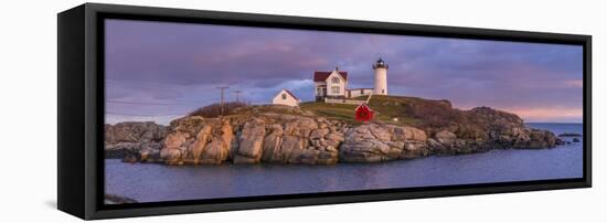 USA, Maine, York Beach, Nubble Light Lighthouse with Christmas decorations, dusk-Walter Bibikw-Framed Premier Image Canvas