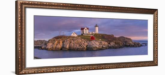 USA, Maine, York Beach, Nubble Light Lighthouse with Christmas decorations, dusk-Walter Bibikw-Framed Photographic Print