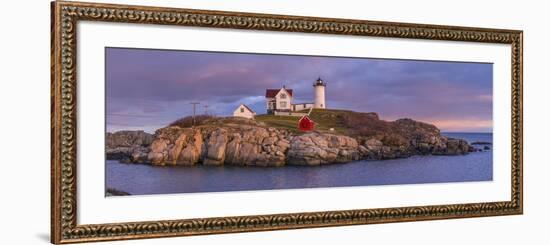 USA, Maine, York Beach, Nubble Light Lighthouse with Christmas decorations, dusk-Walter Bibikw-Framed Photographic Print