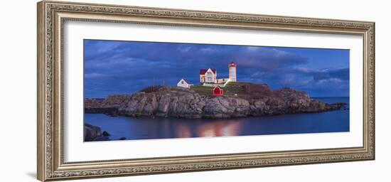 USA, Maine, York Beach, Nubble Light Lighthouse with Christmas decorations, dusk-Walter Bibikw-Framed Photographic Print