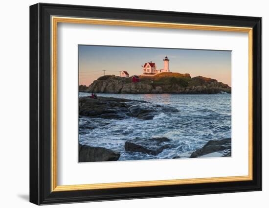 USA, Maine, York, Nubble Light Lighthouse at dusk-Walter Bibikow-Framed Photographic Print