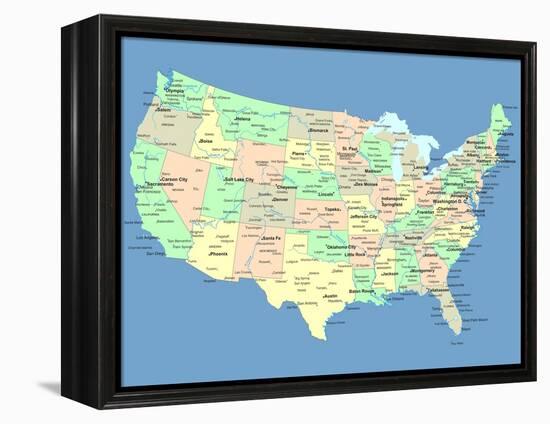 Usa Map With Names Of States And Cities-IndianSummer-Framed Stretched Canvas