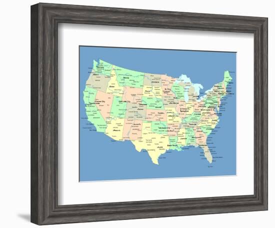 Usa Map With Names Of States And Cities-IndianSummer-Framed Art Print