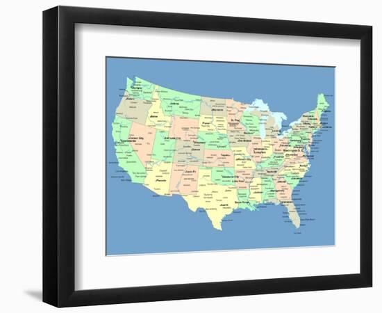 Usa Map With Names Of States And Cities-IndianSummer-Framed Premium Giclee Print