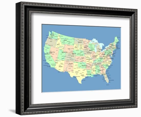 Usa Map With Names Of States And Cities-IndianSummer-Framed Premium Giclee Print
