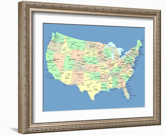 Usa Map With Names Of States And Cities-IndianSummer-Framed Art Print