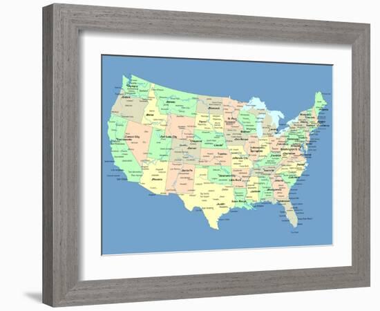 Usa Map With Names Of States And Cities-IndianSummer-Framed Art Print