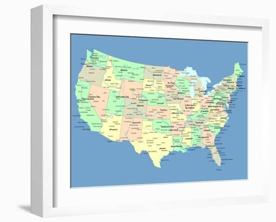 Usa Map With Names Of States And Cities-IndianSummer-Framed Art Print