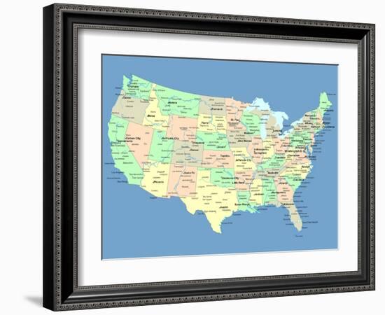 Usa Map With Names Of States And Cities-IndianSummer-Framed Art Print