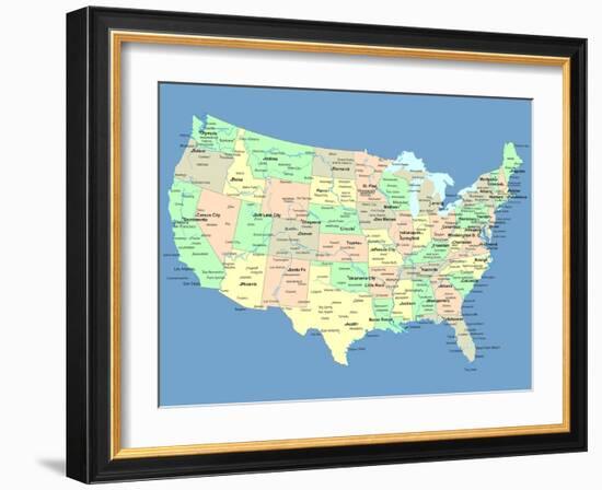 Usa Map With Names Of States And Cities-IndianSummer-Framed Art Print