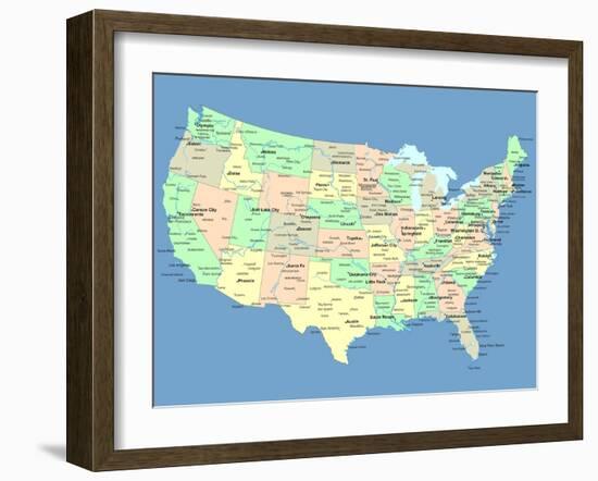 Usa Map With Names Of States And Cities-IndianSummer-Framed Art Print