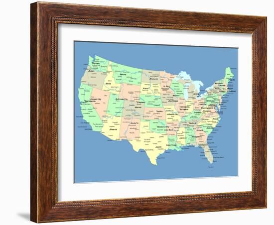 Usa Map With Names Of States And Cities-IndianSummer-Framed Art Print