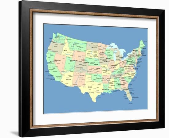 Usa Map With Names Of States And Cities-IndianSummer-Framed Art Print