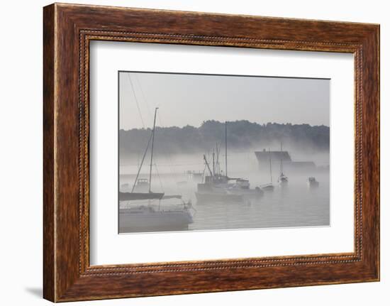 USA, Massachusetts, Cape Ann, boats in Annisquam Harbor in fog-Walter Bibikow-Framed Photographic Print