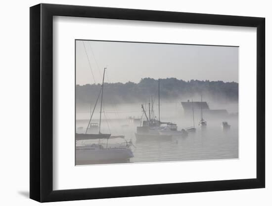 USA, Massachusetts, Cape Ann, boats in Annisquam Harbor in fog-Walter Bibikow-Framed Photographic Print