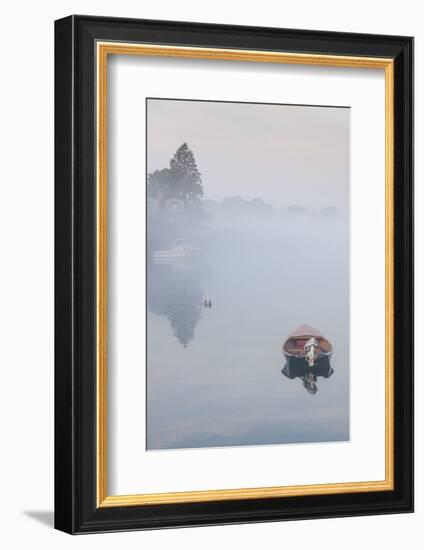 USA, Massachusetts, Cape Ann, boats in Annisquam Harbor in fog-Walter Bibikow-Framed Photographic Print