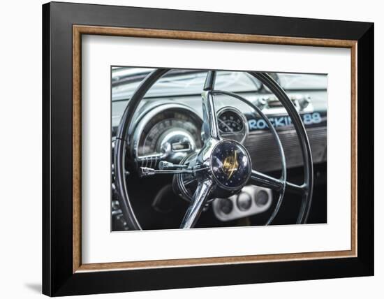 USA, Massachusetts, Cape Ann, Gloucester. Antique car, early 1960's-era antique car interior-Walter Bibikow-Framed Photographic Print