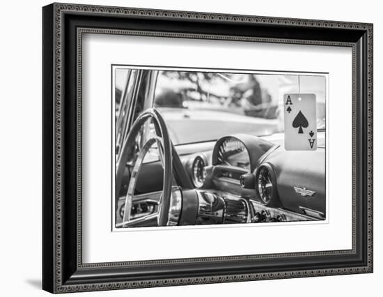 USA, Massachusetts, Cape Ann, Gloucester. Antique car interior and ace of spades card.-Walter Bibikow-Framed Photographic Print