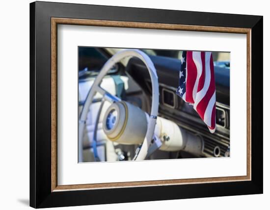 USA, Massachusetts, Cape Ann, Gloucester, classic cars, 1960's car interior with US flag-Walter Bibikow-Framed Photographic Print