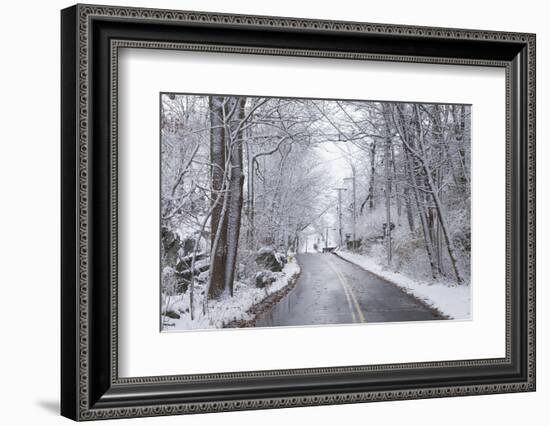 USA, Massachusetts, Cape Ann, Gloucester, Early Snow on Country Road-Walter Bibikow-Framed Photographic Print