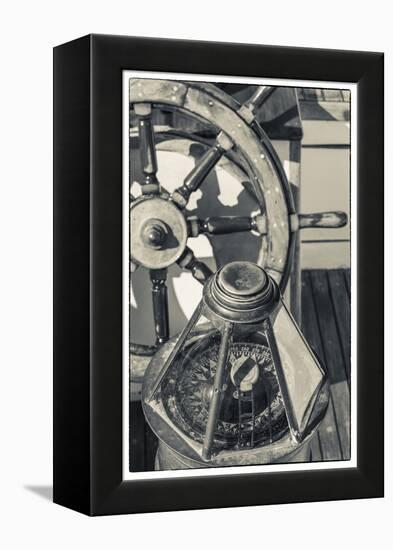 USA, Massachusetts, Cape Ann, Gloucester, schooner marine compass and ship's wheel-Walter Bibikow-Framed Premier Image Canvas