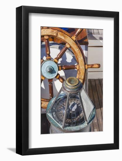 USA, Massachusetts, Cape Ann, Gloucester, schooner marine compass and ship's wheel-Walter Bibikow-Framed Photographic Print