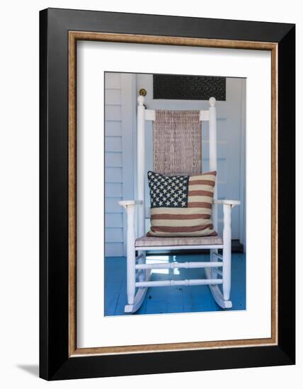 USA, Massachusetts, Cape Cod, Provincetown, the West End, Rocking Chair with Us Flag-Walter Bibikow-Framed Photographic Print