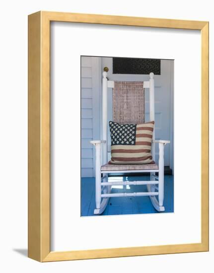 USA, Massachusetts, Cape Cod, Provincetown, the West End, Rocking Chair with Us Flag-Walter Bibikow-Framed Photographic Print