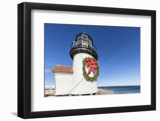 USA, Massachusetts, Nantucket Island, Brant Point Lighthouse with a Christmas wreath.-Walter Bibikow-Framed Photographic Print