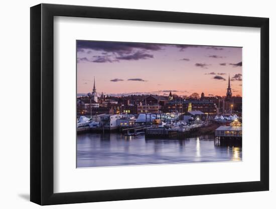 USA, Massachusetts, Newburyport, skyline from the Merrimack River at dusk-Walter Bibikow-Framed Photographic Print