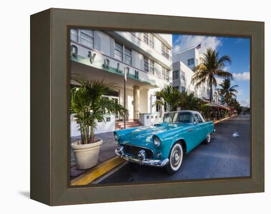 USA, Miami Beach, South Beach, Ocean Drive, Avalon Hotel and 1957 Thunderbird Car-Walter Bibikow-Framed Premier Image Canvas