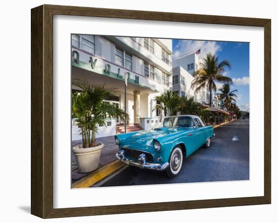 USA, Miami Beach, South Beach, Ocean Drive, Avalon Hotel and 1957 Thunderbird Car-Walter Bibikow-Framed Photographic Print