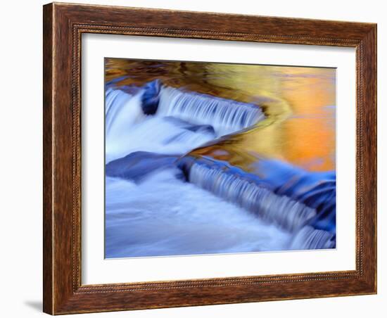 USA, Michigan, Ottawa National Forest, Fluid Cascade and Smooth Water Reflecting Fall Foliage-John Barger-Framed Photographic Print