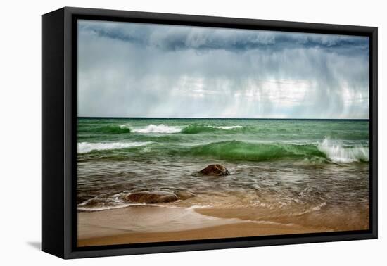 USA, Michigan, Upper Peninsula, Munising. Rain clouds over Pictured Rocks National Lakeshore-Ann Collins-Framed Premier Image Canvas