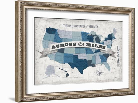 USA Modern Vintage Blue Grey with Words-Michael Mullan-Framed Art Print