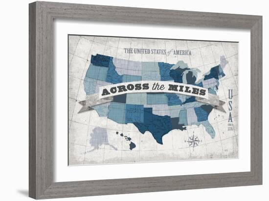 USA Modern Vintage Blue Grey with Words-Michael Mullan-Framed Art Print