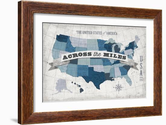 USA Modern Vintage Blue Grey with Words-Michael Mullan-Framed Art Print