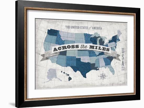 USA Modern Vintage Blue Grey with Words-Michael Mullan-Framed Art Print