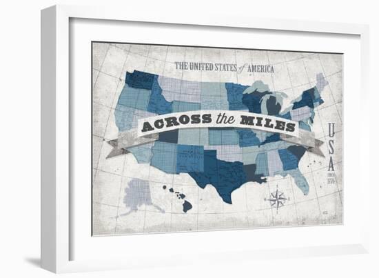 USA Modern Vintage Blue Grey with Words-Michael Mullan-Framed Art Print