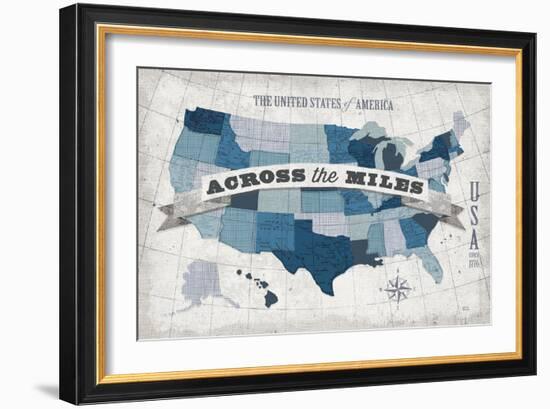 USA Modern Vintage Blue Grey with Words-Michael Mullan-Framed Art Print