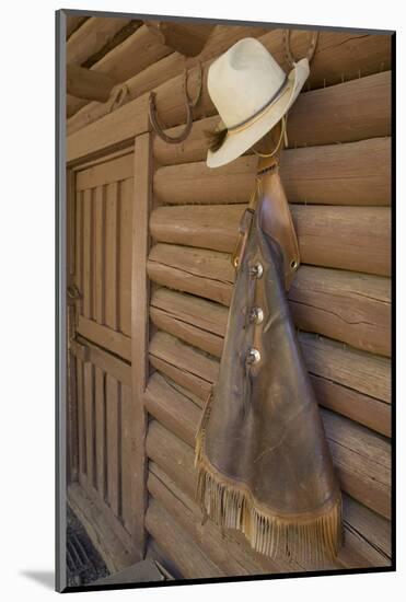 USA, Montana, Livingston, cowboy hat and chaps hanging on barn wall.-Merrill Images-Mounted Photographic Print