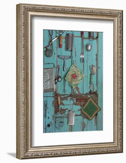 USA, Montana, Missoula. Old fashioned kitchen implements displayed on weathered door.-Jaynes Gallery-Framed Photographic Print